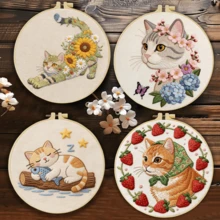 1 buah Kit Sulam Kucing Lucu Ukuran 20*20cm/7.9*7.9in, Set Sulam Buatan Tangan DIY untuk Pemula Dewasa, Hadiah Rumah, Hadiah Menjahit Wanita, Termasuk Panduan Pengguna, Kain Pola Cetak, Bingkai Sulam, Jarum dan Benang. - Kucing-kucing lucu - View 2