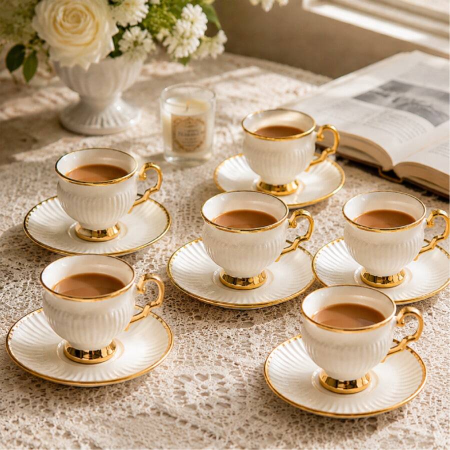 6pcs European Style Porcelain Espresso Cup And Saucer Set With Gold Rim, 3.4 Oz Small Ceramic Demitasse Coffee Cups, Vintage White Tea Cup Set For Latte, Party & Home Decor - White and Gold - View 1