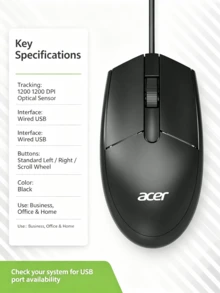 Acer OMW910 Mouse Berkabel dengan Respons Ultra Cepat: Pasang dan mainkan, tidak memerlukan driver; desain melengkung sesuai dengan lekukan telapak tangan; ideal untuk tugas pengeditan/tabulasi yang lama. - View 7