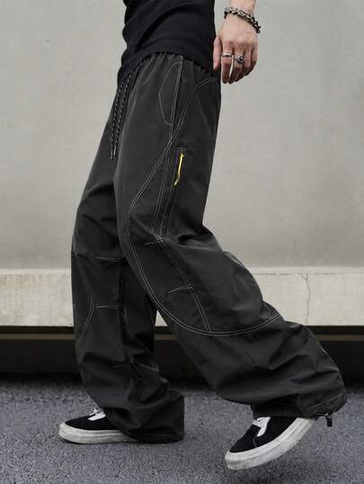 1 Piece Men's Fall Parachute Pants, Baggy Wide Leg Cargo Pants, Loose Fit Drawstring Trousers, Y2K Streetwear Techwear Casual Pants