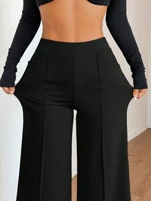 Plus Size Women's Elastic Daily Versatile Commute Minimalist Solid Color Long Pants With Pockets, Suitable For All Seasons, Leg-Shaping, Office Wear - Black - View 8