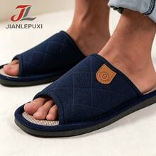 1 Pair Fashionable New Couple's Slippers, Slip-On Comfortable Warm Quiet Slippers With Rhombus Jacquard Fabric Embroidery, Suitable For Home Wear In Spring, Summer And Autumn - Blue - View 4