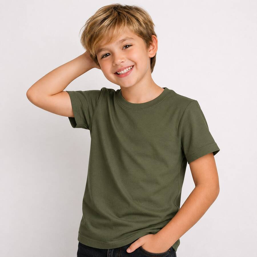 Boys' Basic T-Shirt 100% Cotton, Sizes 0 To 16, Lightweight And Breathable For Daily Wear, School, Outings, And Parties - 軍綠色 - 查看 1