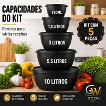 Kit bowl 5 peças bacia com tampa pote grande varios tamanhos kit de cozinha cor Preta - Visão 7