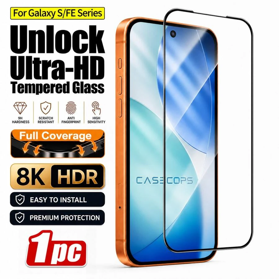 CASECOPS 1片超高清鋼化玻璃螢幕保護貼，適用 Galaxy S/FE S26 Ultra/S26 Plus/S26、S25 Ultra/S25 Plus/S25/S25 Edge、S24/S23/S22/S21/FE 系列，支援指紋解鎖，9H 防刮防摔，全螢幕覆蓋，無塵自動安裝，抗指紋疏油塗層，清晰 4K 顯示，無縫支援 Face ID 相容，超薄、保護殼友好