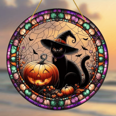 2D Flat, 1pc, Halloween Decorative Sun Catcher, Acrylic Window Hanging, Black Cat And Pumpkin Design, Acrylic, Suitable For Home, Garden, Yard, Porch, Outdoor Decoration, Seasonal Holiday Decor
