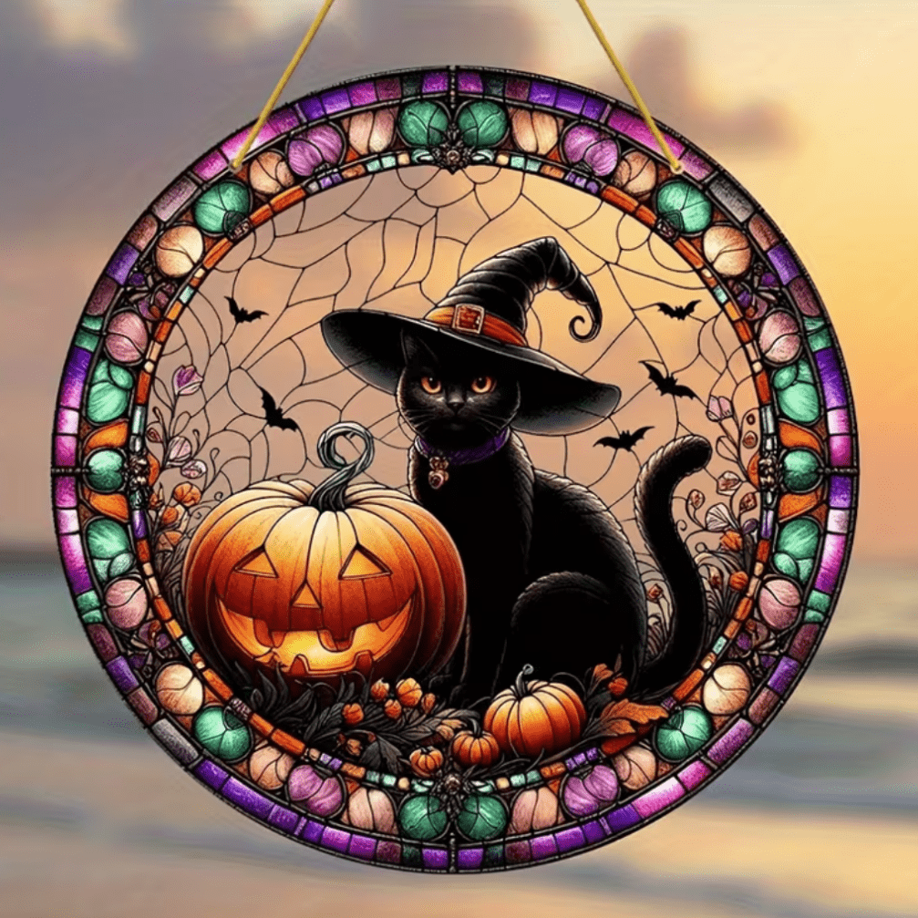 2D Flat, 1pc, Halloween Decorative Sun Catcher, Acrylic Window Hanging, Black Cat And Pumpkin Design, Acrylic, Suitable For Home, Garden, Yard, Porch, Outdoor Decoration, Seasonal Holiday Decor