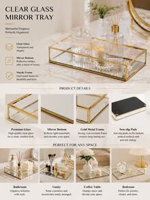 1pc Nordic Rectangular Transparent Glass Jewelry Tray, Gold Iron Frame Mirrored Glass Bottom Storage Box, Organizer For Perfume Cosmetics Makeup Brushes Lipstick Accessories, Vanity Home Decor - Multicolor - View 10