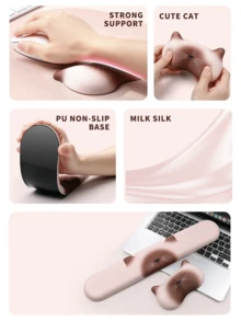 Satu set pelindung pergelangan tangan keyboard dan mouse berbentuk kucing yang lucu, terdiri dari dua bagian, menampilkan desain ergonomis, bahan silikon, fungsi pijat, desain yang nyaman dan bernapas, serta pola kartun yang menggemaskan. Pelindung pergelangan tangan ini berbentuk seperti kucing. - View 6