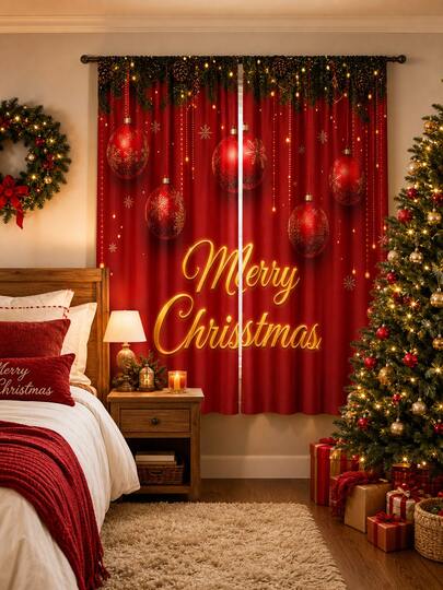 2Pcs Rod Pocket Christmas Window Curtains, Red Background Merry Christmas Golden Letter & Red Bauble Pine Garland Digital Print Semi-Sheer Privacy Curtains, Polyester Light Filtering Holiday Drapes For Bedroom Living Room Xmas Decor