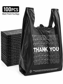 100入黑色Thank You塑膠T恤購物袋，大號一次性購物袋，印有Thank You，適用於超市外帶零售包裝、商店、精品店、市集、烘焙店、外帶及居家日常使用 - 黑色 - 查看 1