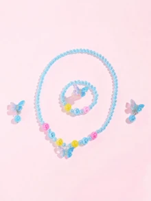 5pcs/Set Children's Butterfly Beaded Jewelry Set Necklace Bracelet Ring Ear Clips Little Girl Princess Costume Accessories - one-size - View 7