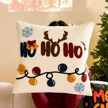 1pc Christmas Tufted Embroidery Pillow Case, 18x18 Inch Soft Plush HO HO HO Reindeer Holiday Cushion Cover, Festive Winter Home Decor, Suitable For Sofa Bed, Hidden Zipper, Without Insert - Beige - View 4