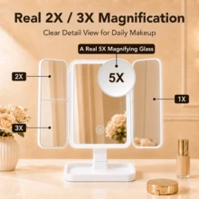 LED Tri-Fold Makeup Mirror With 2X/3X Magnification And 5X Suction Cup Mirror, 3 Lighting Modes, Tri-Fold Makeup Mirror, Tabletop Makeup Mirror, Rechargeable Touch Screen Brightness Adjustment, Ideal Holiday Gift - Multicolor - View 3