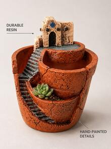 Mehrstöckiger Sukkulenten-Pflanzgefäß, Schloss- und Treppendesign, Harz Mehrkammer Blumentopf, kreativer Mikro-Landschafts-Pflanzcontainer, geeignet für Kakteen, Kräuter, kleine Blumen, Innen-/Außenbereich Schreibtisch Balkon Garten Dekoration Geschenk - Rotes kleines Lehmhaus - Übersicht 8