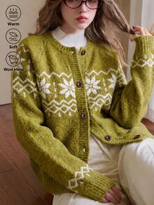 Alicedudu Women's Autumn/Winter Atmosphere Pattern Round Neck Wool Blend Cardigan Sweater - Green - View 2
