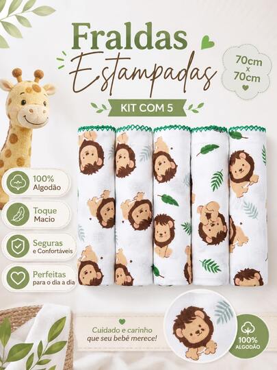 Kit 5 Fraldas de Pano Estampadas Grande 70x70cm Tecido Duplo 100% Algodão Enxoval Menino Menina