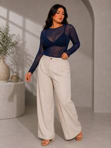 Blusa Feminina Tule Plus Size Blusinha Transparente Confortável e Elegante para Sair Noite Balada Eventos Shows e Festival Manga Longa Transparente em Tela - Azul Marinho - Visão 3