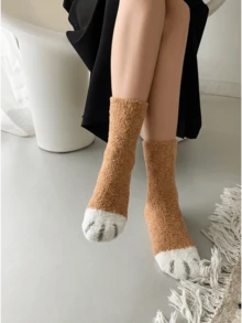 1/5 Pasang Kaos Kaki Wanita Panjang Sedang, Motif Cakar Kucing Lucu, Gaya Unik, Berbulu, Cocok untuk Dipakai di Rumah - MultiWarna - View 3