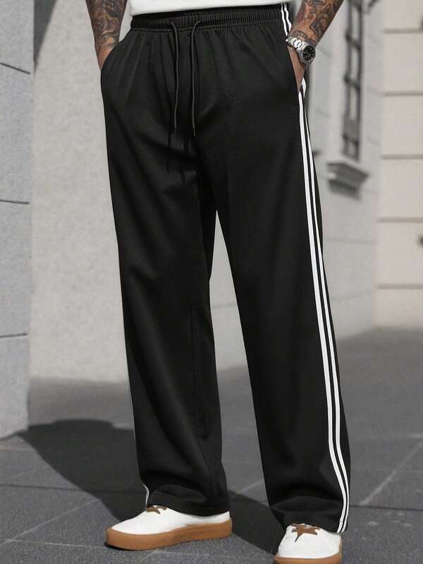 Men's Striped Straight Leg Casual Sports Long Pants, Loose Straight Leg, Elastic Drawstring, Side Contrast Color Minimalist, Straight Loose Fit, Suitable For Summer Wear, Versatile Casual Long Pants For Men In Summer