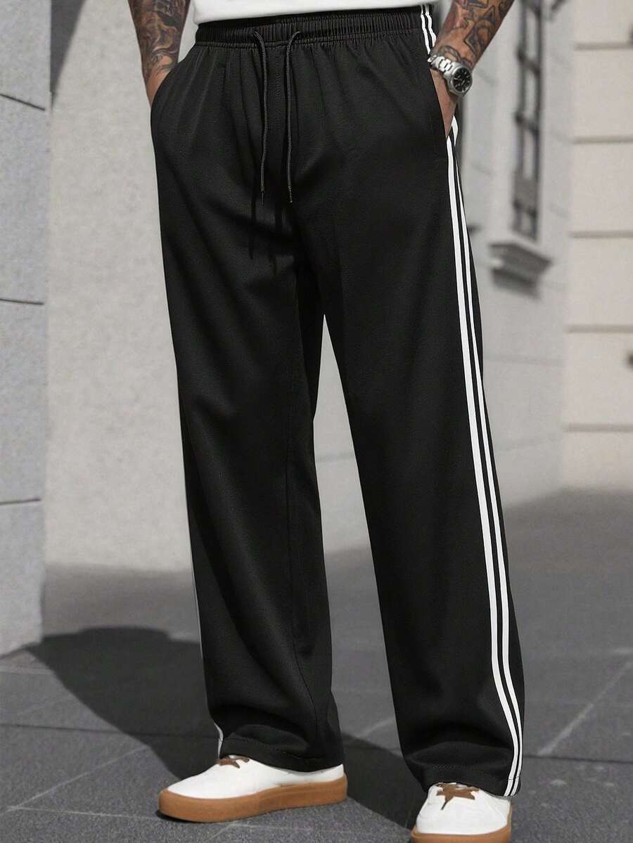 Men's Striped Straight Leg Casual Sports Long Pants, Loose Straight Leg, Elastic Drawstring, Straight Loose Fit Black Fall - Black - View 1