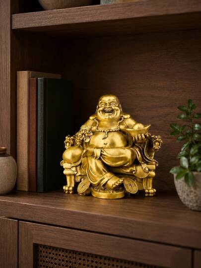 Golden Laughing Buddha Statue, Single Piece Resin Figurine, Holding Wealth Ingot And Lucky Coin, Feng Shui Wealth Attracting Decor, Suitable For Living Room, Entrance, Office Desk, Home Altar And Housewarming Gift