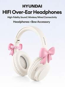 HYUNDAI HY-T02MAX 包耳式藍牙耳機附蝴蝶結配件，5.4 HIFI 高保真音質、深沉低音、精準降噪、低延遲，適用音樂、運動、遊戲、商務，長效續航，相容手機、平板電腦與電腦 - 米色+頭戴式蝴蝶結 - 查看 1