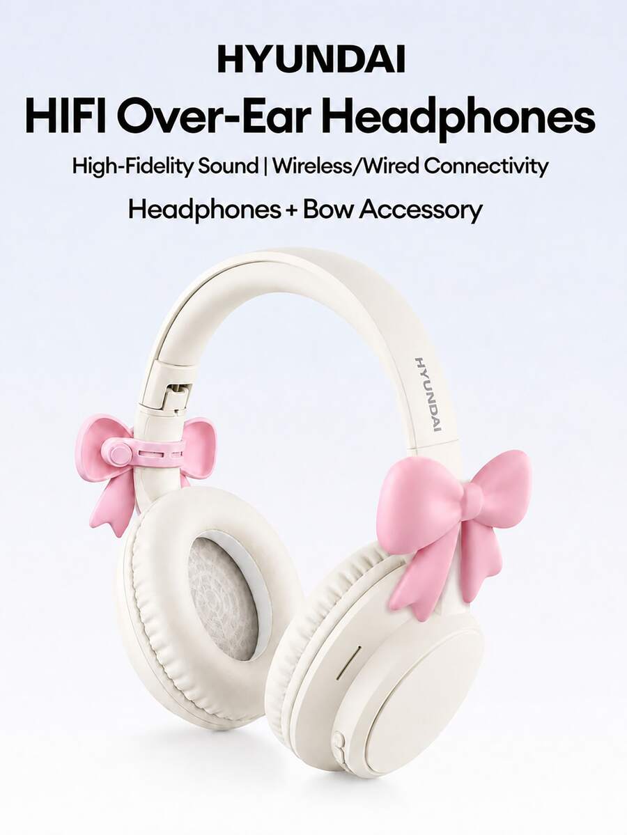 HYUNDAI HY-T02MAX 包耳式藍牙耳機附蝴蝶結配件,5.4 HIFI 高保真音質、深沉低音、精準降噪、低延遲,適用音樂、運動、遊戲、商務,長效續航,相容手機、平板電腦與電腦 - 米色+頭戴式蝴蝶結 - 查看 1
