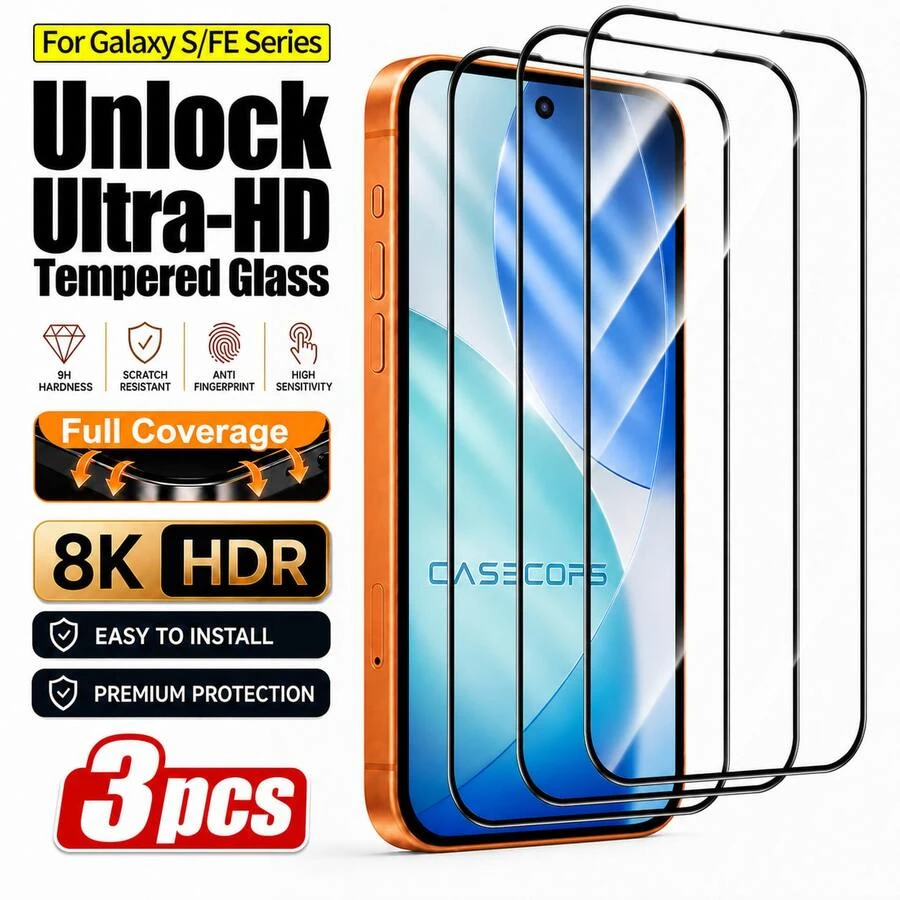 CASECOPS 3片裝超高清鋼化玻璃螢幕保護貼，適用 Galaxy S/FE S26 Ultra/S26 Plus/S26、S25 Ultra/S25 Plus/S25/S25 Edge、S24/S23/S22/S21/FE 系列，支援指紋解鎖，9H 防刮防摔，全螢幕覆蓋，無塵自動安裝，抗指紋疏油塗層，清晰 4K 顯示，無縫支援 Face ID 相容，超薄且適配手機殼