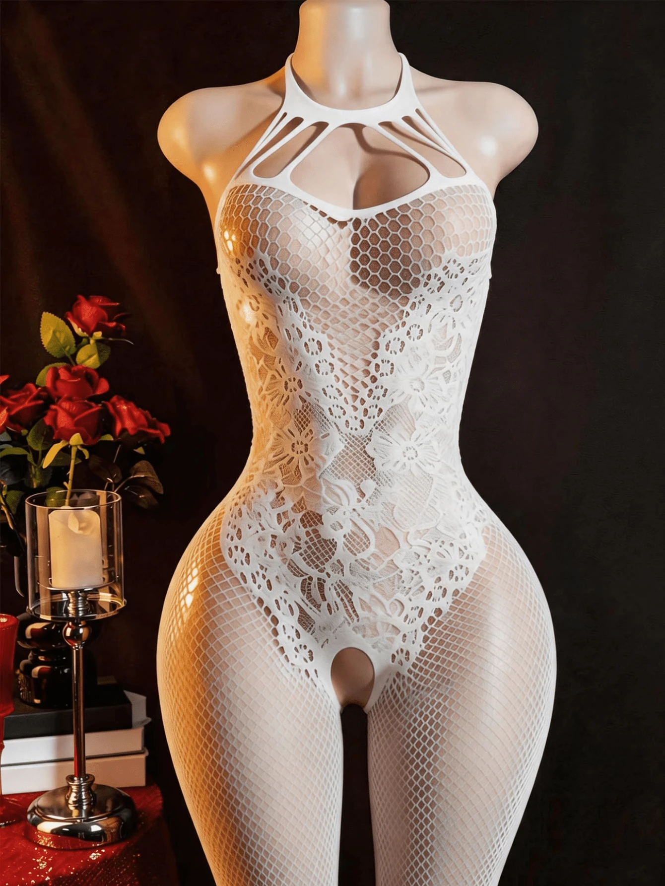 Bodysuit Seksi Wanita Terusan | Desain Tanpa Punggung dengan Tali Bahu Tipis dan Selangkangan Terbuka | Campuran Nilon dan Spandex Elastis Tinggi | Pola Jala Hitam | Detail Berongga | Elastis dan Tidak Transparan | Dapat Dicuci dengan Tangan | Pakaian Dalam Dewasa, Cocok untuk Pesta Rave - Putih - View 1