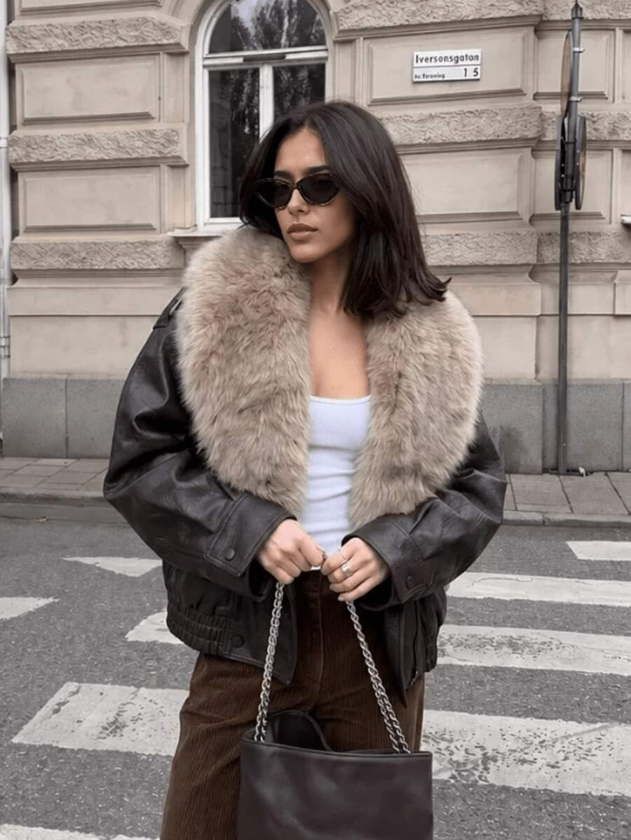 Women's Autumn New Retro Casual PU Leather Big Collar Motorcycle Jacket With Detachable Wool Collar - Brown - View 1