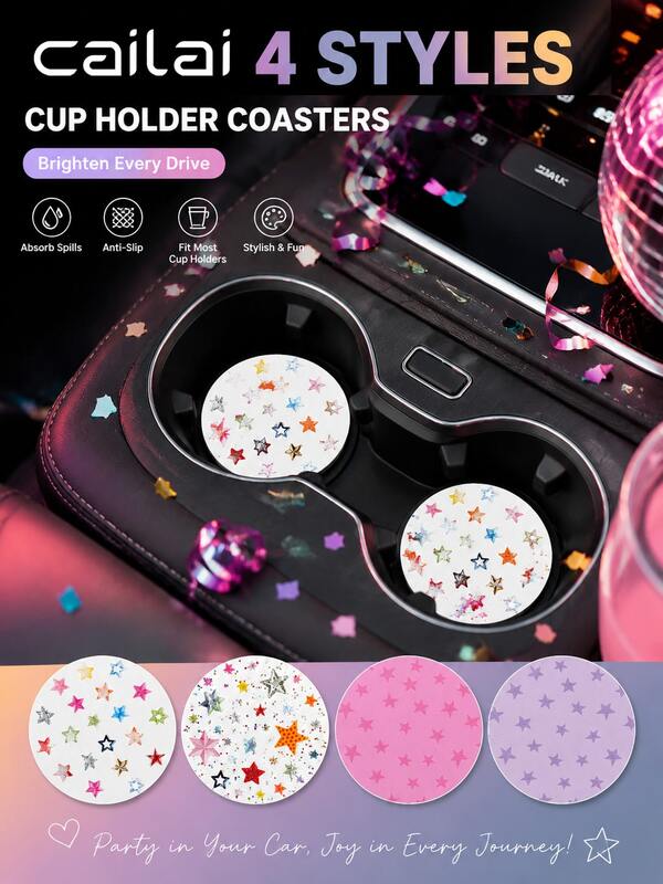 2pcs Star Print Car Cup Holder Coasters - Non-Slip, Leather Material Easy To Clean, Perfect Accessory For Car Interior - Suitable For Car Owners - Suitable For Daily Use - Great Gift For Car Enthusiasts
