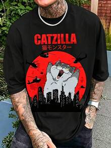 Grafik-T-Shirts für Herren, Sommerkollektion, lustiges japanisches Katzen-T-Shirt für Katzenliebhaber, Catzilla, modische Grafik-T-Shirts für Damenbekleidung, S - Schwarz - Übersicht 1