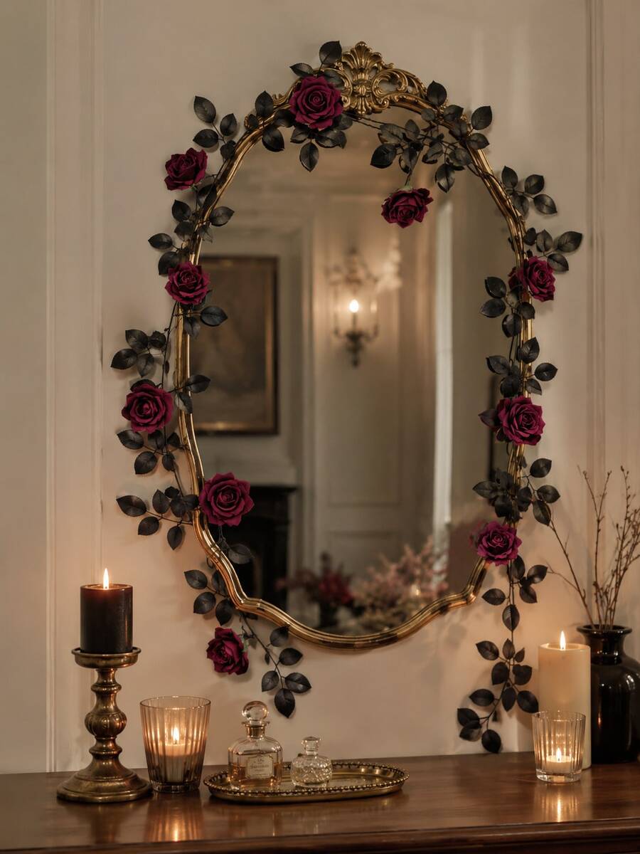 2m Halloween Dark Realistic Rose Vine Garland With Artificial Ivy Leaves, Suitable For Halloween Party Tabletop, Door Frame, Arch, Window Display, Fireplace, Staircase Handrail Decoration, Dark Wedding, Haunted House Scene Atmosphere Photo Prop - Multicolor - View 1