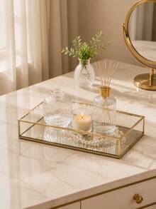 1pc Nordic Rectangular Transparent Glass Jewelry Tray, Gold Iron Frame Mirrored Glass Bottom Storage Box, Organizer For Perfume Cosmetics Makeup Brushes Lipstick Accessories, Vanity Home Decor - Multicolor - View 4