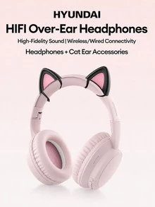 HYUNDAI HY-T02MAX頭戴式藍牙耳機搭配貓耳朵配件，5.4HIFI高清音質重低音通話精準降噪音樂運動遊戲低延遲長續航商務頭戴式耳機通用手機平板電腦 - 粉紅色+貓耳朵 - 查看 2