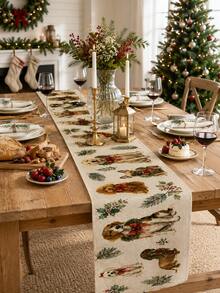1pc Vintage Christmas Table Runner, Cute Puppy And Holly Wreath Pattern, Farmhouse Style Winter Holiday Decor, Christmas Home Kitchen Dining Table Decoration, Suitable For Family Gatherings And Parties - Multicolor - View 6