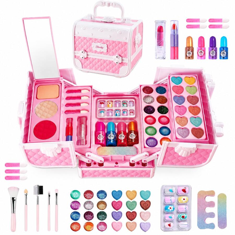 Girls Pretend Play Toy Set, Pretend Makeup Kit, Birthday Gift | Kids Makeup Box With Mirror, Suitable For 3+ Years Old Christmas Birthday Gift, - Multicolor - View 1