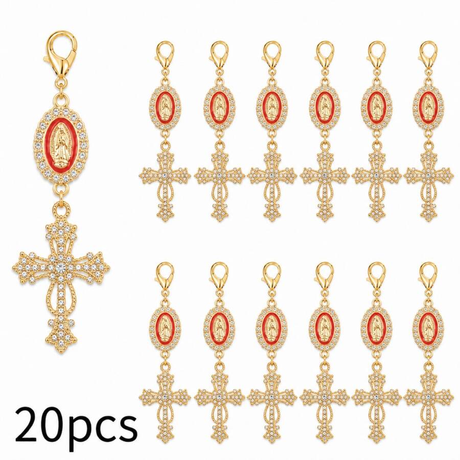 20 Pcs Gold Pearl Rhinestone Cross Keychain Charms, Religious Cross Bag Charms For Baptism, First Communion, Wedding Favors - Red Cross Alone - View 1