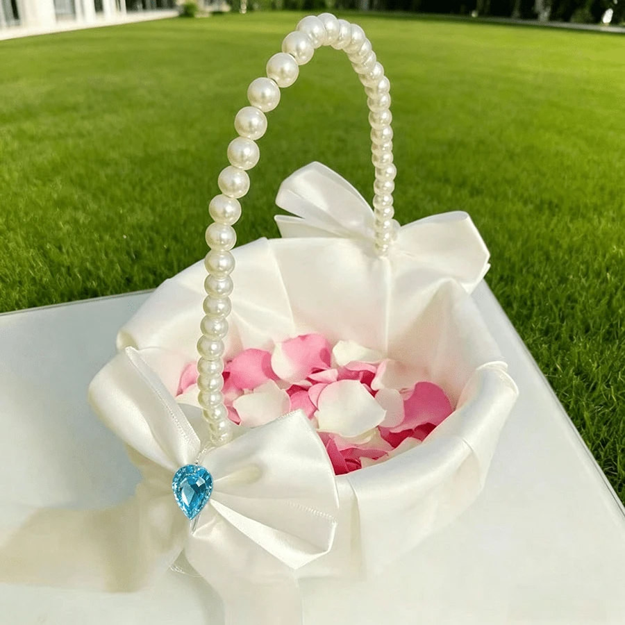 1/2個蝴蝶結仿珍珠婚禮花籃－白色蝴蝶結花籃、緞面花籃，適用於婚禮裝飾、新年禮物、裝飾禮品，含100片粉色仿玫瑰花瓣、100片白色仿玫瑰花瓣