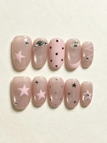 10pcs Handmade Embossed Fake Nails, Short Oval Glossy Nude Pink Wearable Nail Tips, Pink & Black Star, Polka Dot & Silver Rhinestone Pattern, Cute Reusable Daily Manicure For Girls - Multicolor - View 3