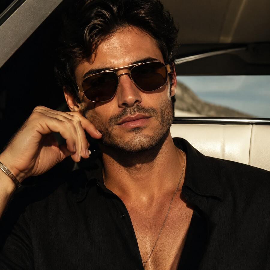 Men's Gold Metal Fashion Glasses - Brown Lens Fashion Glasses, Creating A Stylish Casual Look - Multicolor - View 1