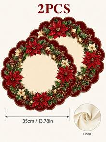 Red Poinsettia Christmas Placemat, White Christmas Flower, Holly Leaf, Berry And Gold Bell Wreath Print Table Mat, Suitable For Christmas Dinner, Family Gathering, Table Setting And Holiday Home Decor - Multicolor - View 6