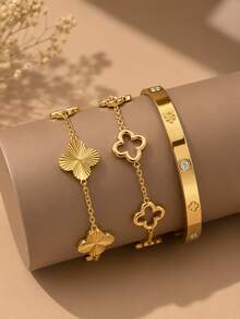 1/3pcs Fashion Stainless Steel Women's Flower Rhinestone Bracelet Set, Suitable For Daily Wear, Holiday Gift, Fashion Women's Bracelet Set - Yellow Gold - View 6
