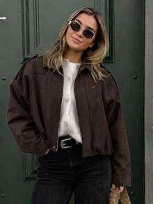 Elegant Solid Faux Suede Bomber Jacket Women's Fall Lightweight Basic Casual Back To School Office, Quiet Luxury - Coffee Brown - View 12