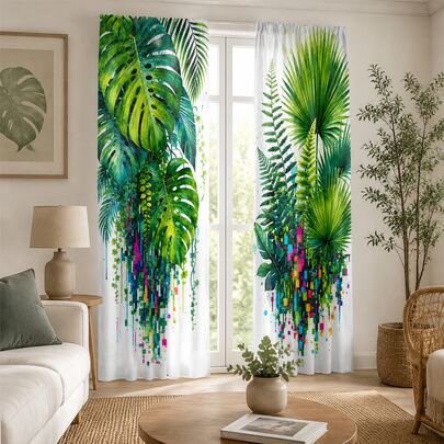 2pcs Tropical Green Plant Pixel Print Curtains, Monstera & Palm Leaf Fresh INS Style Bedroom Living Room Dining Room Polyester Fabric Semi-Sheer Fabric Curtains