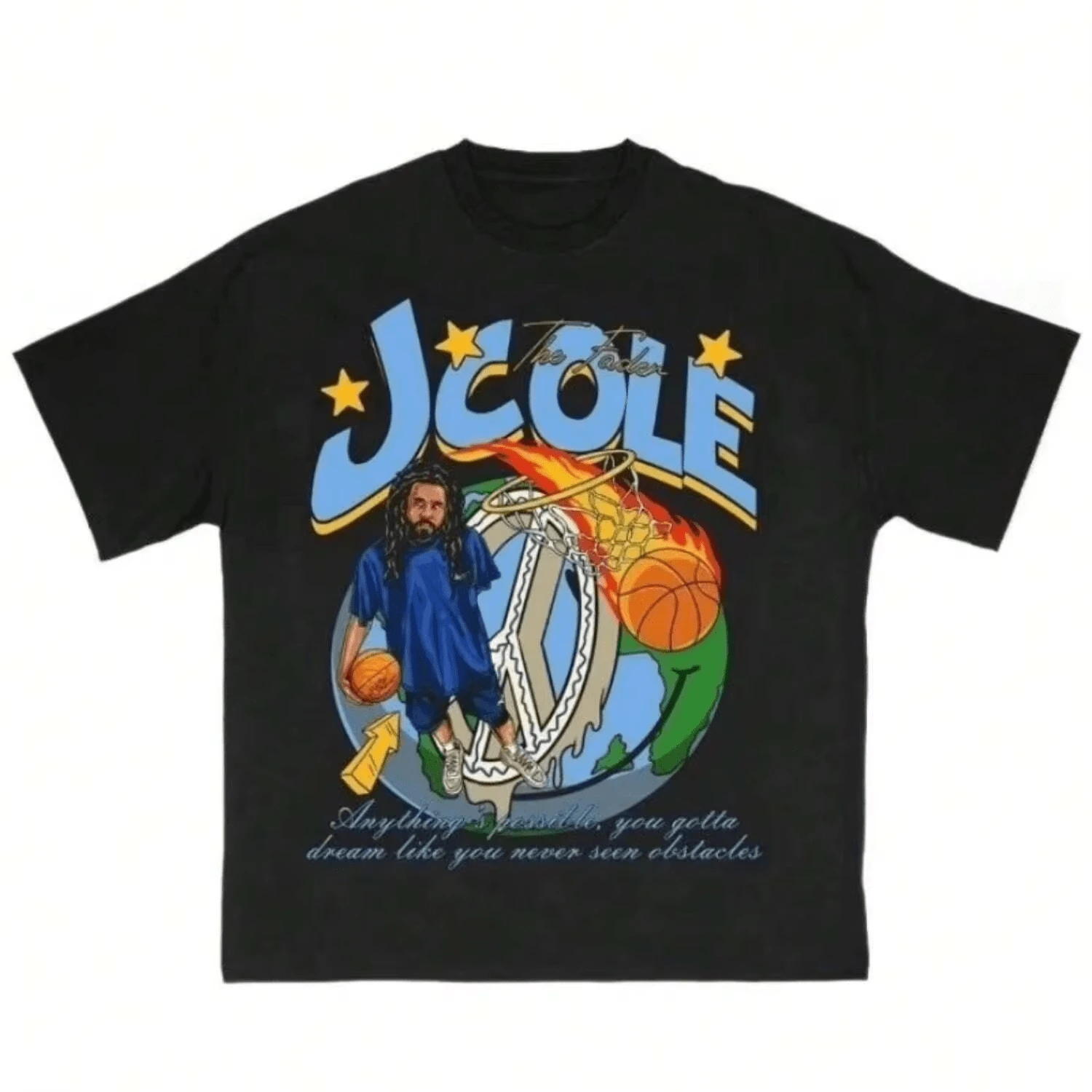 J-COLEs Letter Stage Portrait Schwarzes T-Shirt, Retro Rap Tour Fan Streetwear Top - Schwarz - Übersicht 1