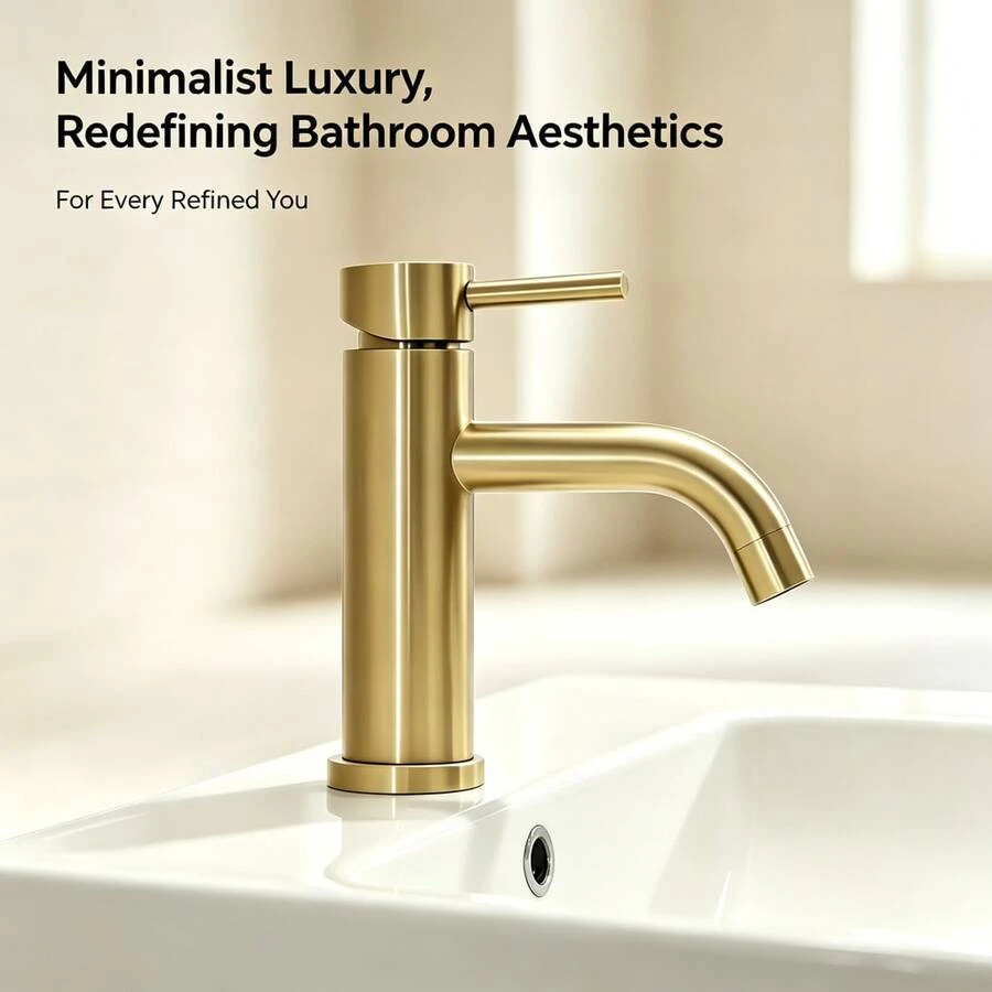 1pc Brushed Golden Stainless Steel Single Handle Hot Cold Mixer Tap, Water Saving Curved Spout Luxury Washbasin Faucet With Complete Installation Hardware, Brushed Metal Finish Elegant Tap For Home Bathroom Vanity