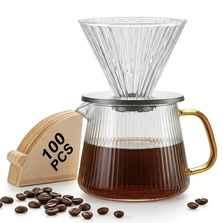 Pour Over Coffee Maker Set, Includes 100 Filter Papers, 23.6OZ/700ML Glass Coffee Pot And Glass Filter, Home Or Office Use Drip Coffee Machine Set, 1-6 Cups - Multicolor - View 1