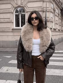 Women's Autumn New Retro Casual PU Leather Big Collar Motorcycle Jacket With Detachable Wool Collar - Brown - View 2